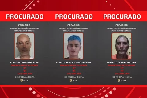 Polícia Civil divulga foto de três foragidos que foram condenados por assaltar subestações da Sanepar