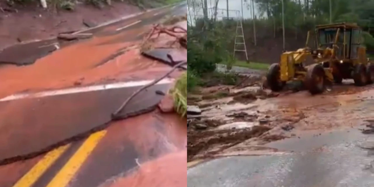 Chuva intensa arranca parte do asfalto da PR-182 entre Ivaté e Umuarama