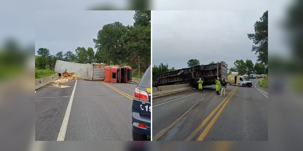 Caminhão bitrem tomba, semirreboque fica pendurado em ponte, e acidente no Paraná bloqueia BR-277; veja desvios