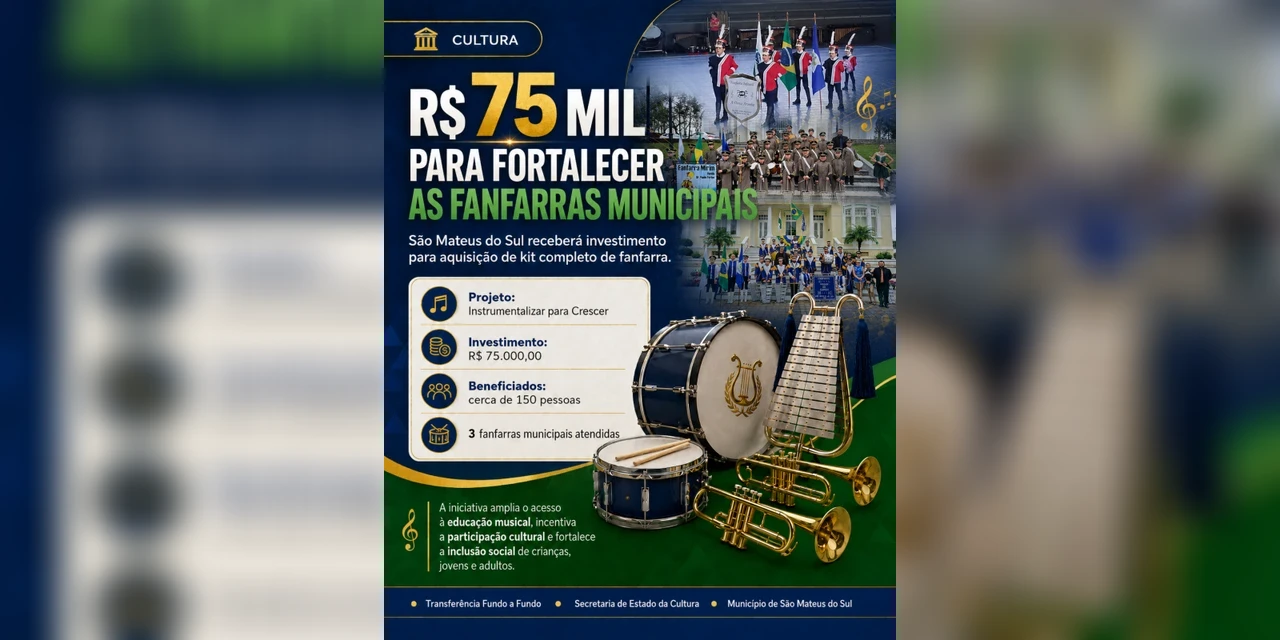 São Mateus do Sul terá investimento de R$ 75 mil para fortalecer fanfarras municipais